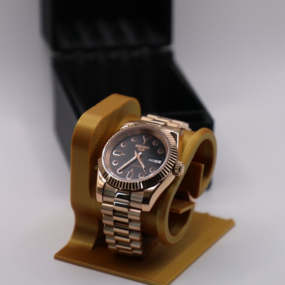 Seiko Day-Date Rose Gold Automatic Watch | Black Dial | Exhibition Case | NH36